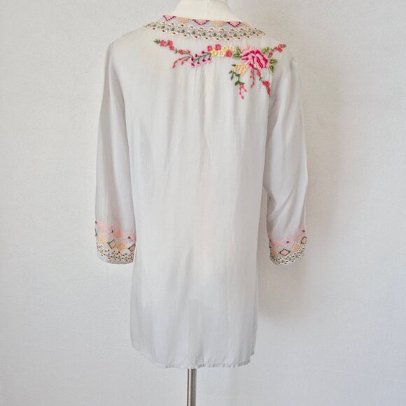 Johnny Was Floral Embroidered Semi Sheer Chiffon Tunic Blouse 3/4 Sleeve - Picture 7 of 14